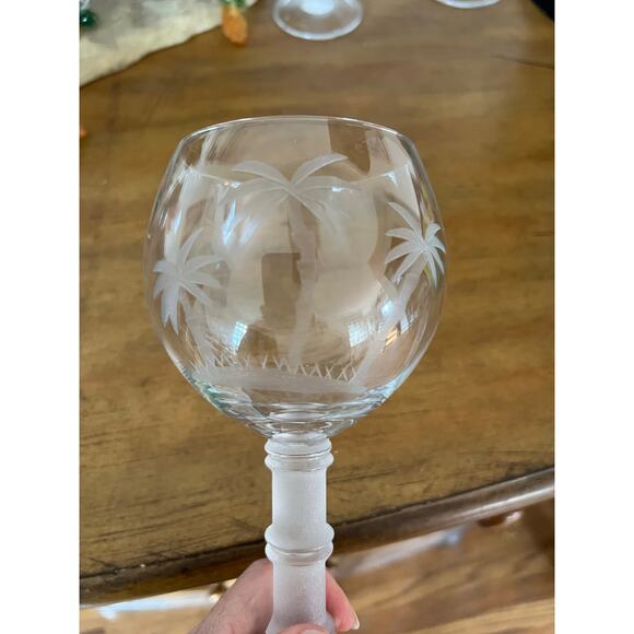 Wells Hand Blown Wine Glasses Set of 4 Etched Palm Trees Frosted Bamboo Stem - Picture 2 of 7